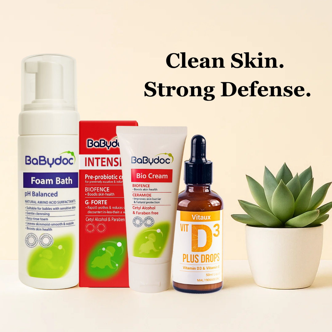 Daily Defense pack with BabyDoc Foam bath, BabyDoc Intensive, BabyDoc Bio Cream and Vitaux Vit D3 plus Drops